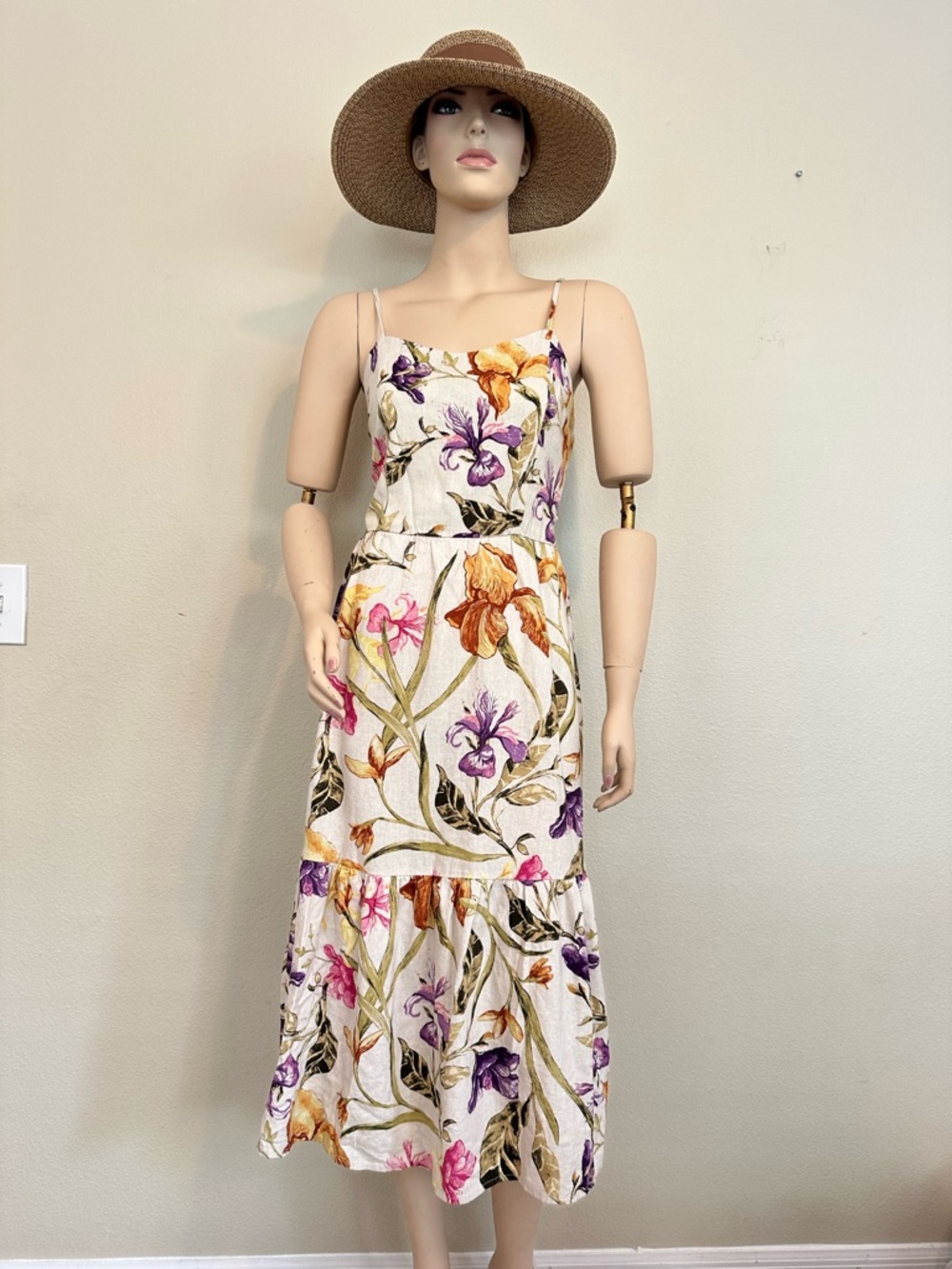 Floral Linen Blend Midi Sundress with Pockets & Adjustable Straps